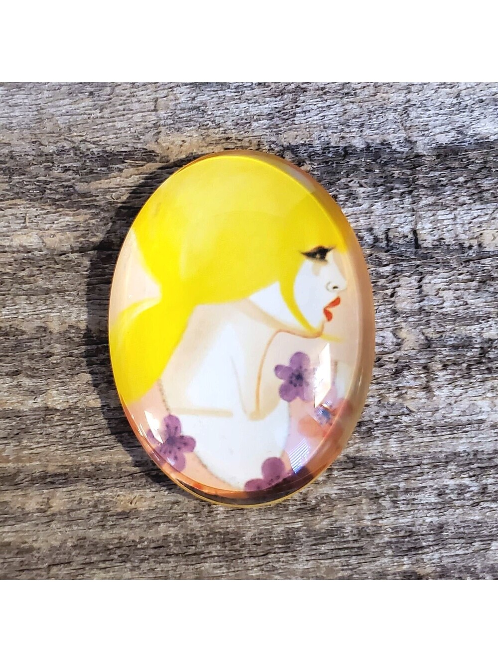 Artsy Fantasy Woman Yellow Hair Purple Flowers 40x30mm Oval Glass Cabochon